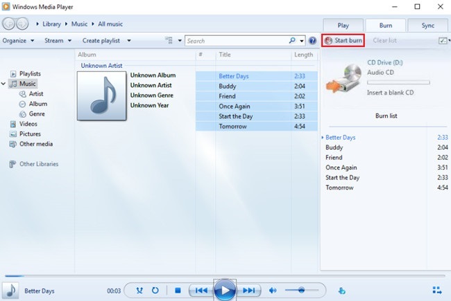 burn YouTube Music to CD with Windows Media Player