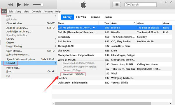 convert song files to aiff in itunes