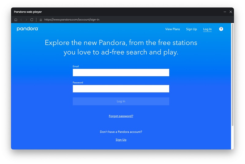 log into Pandora web player