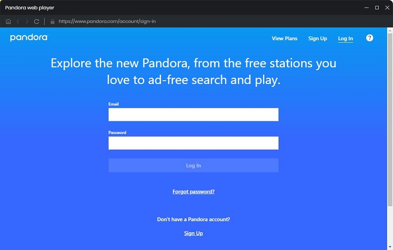 Login Pandora web player