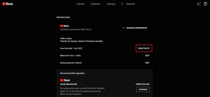 cancel YouTube Music subscription on your computer