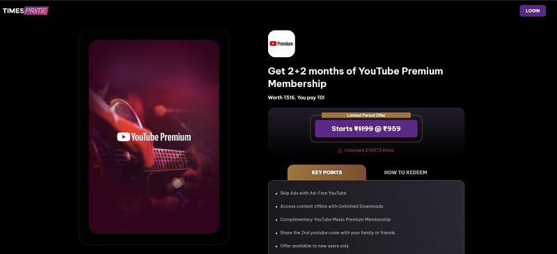 Get 4-month YouTube Premium free trial with Times Prime